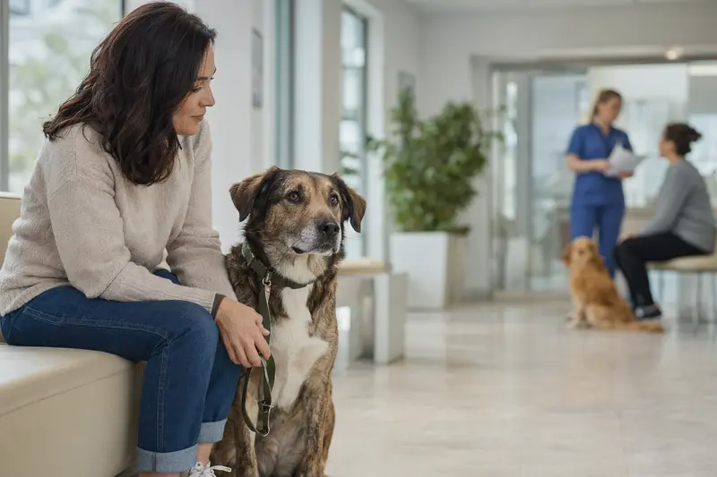 Ein Pastor Vasco Hund sitzt ruhig neben seinem Besitzer im hellen Wartezimmer einer modernen Tierarztpraxis.
